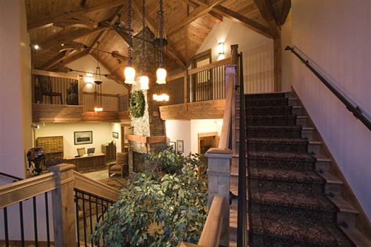 Lobby from Staircase with Timber Trusses